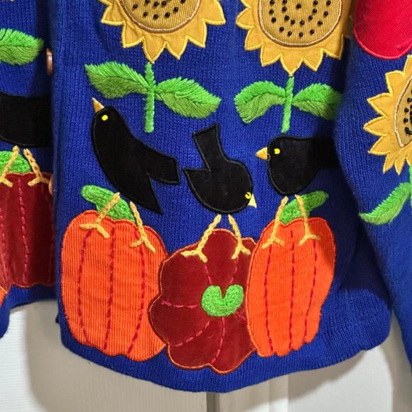 Design Options Philip Jane Gordon Cardigan Sweater Fall Flowers Birds Large - Picture 15 of 15